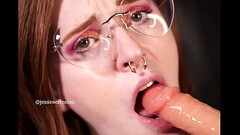 Jessie Wolfe cums standing up in a live show, then fucks creamy pussy super up close! Then watch them suck the dildo clean and get sloppy with spit. Thumb