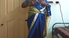 des indian horny cheating tamil telugu kannada malayalam hindi wife vanitha wearing blue colour saree  showing big boobs and shaved pussy press hard boobs press nip rubbing pussy masturbation Thumb